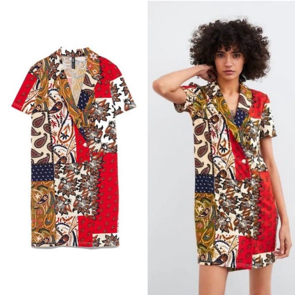 Zara Patchwork Button Down Shirt Dress Size S